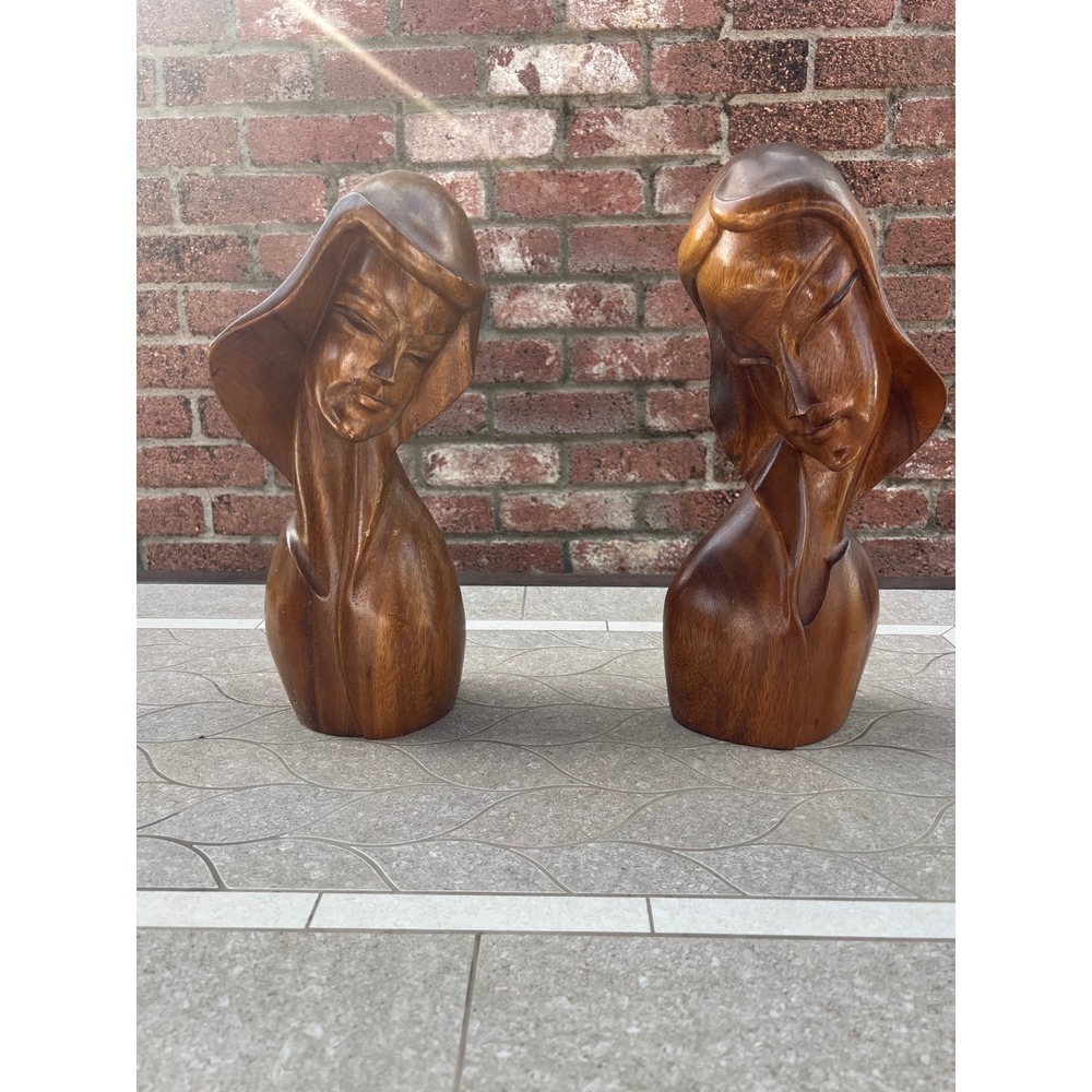 MCM Wood Carving Signed EVA Female Bust Pair Monkey Pod Wood 15 Inch Statue